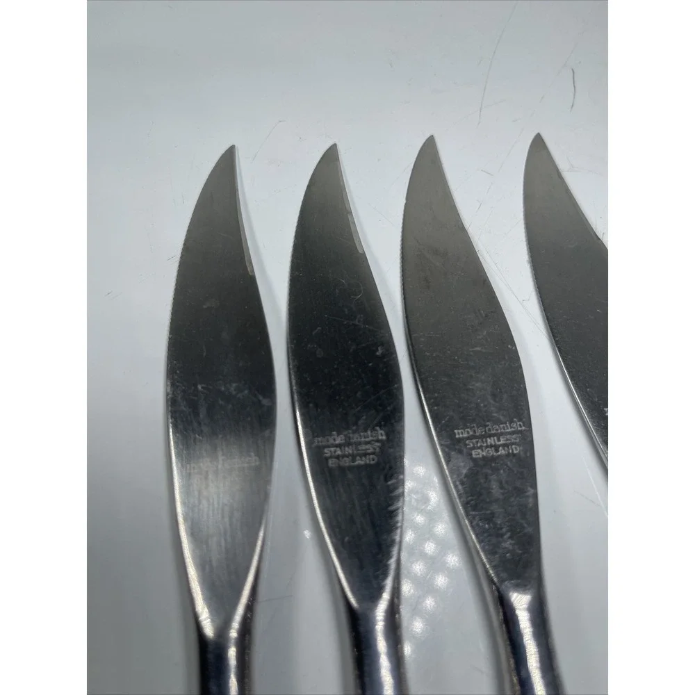 4 Vintage MODE DANISH Steak Knives MCM Gray Wood Farmhouse STAINLESS Shefield